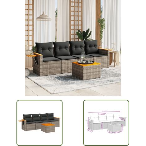 The Living Store 5-tlg. Garten-Sofagarnitur mit Kissen Grau Poly Rattan - Gartenmöbel Set - PE-Rattan Möbel - Outdoor Sofa - Lounge Set - Esszimmergarnitur (1/3)