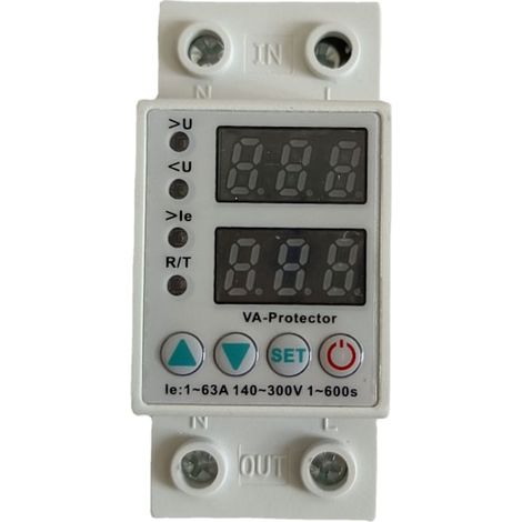 Relais de protection de tension réglable 63 A pour montage sur rail DIN domestique avec double affichage LED et fonction de limitation de courant (220 V)