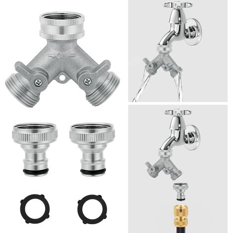 2-way tap splitter - 3/4 inch multifunctional hose connector, independent flow valve per outlet, can be used as a Y-connector, silver (1/5)