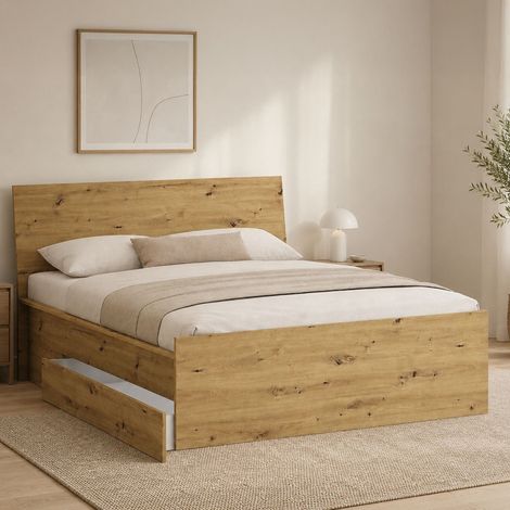 Doppeltbett Lidati mit Matratze 160x200 cm, Schublade, Doppelbett, Eichenoptik Braun (1/3)
