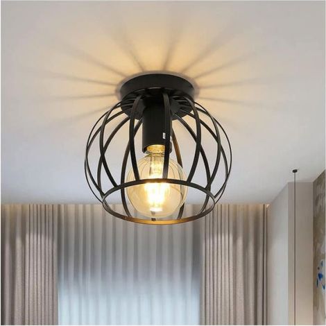 Plafonnier Cage Métal - Abat-jour Plafond E27 Pour Salon Cuisine Chambre Couloir Cour - Noir (1/5)