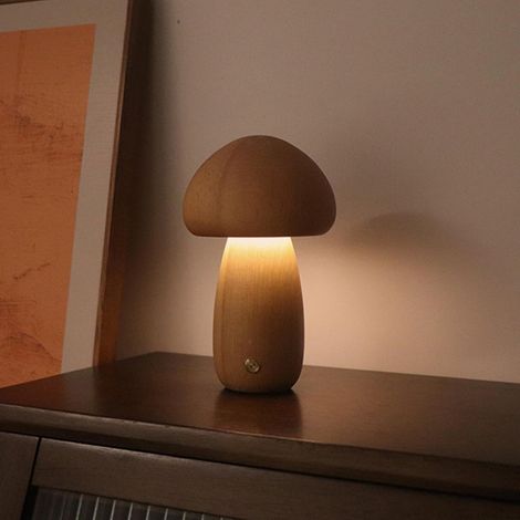 Lampe champignon rechargeable et portable - Veilleuse en bois beige (1/5)