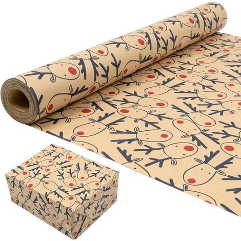 Weihnachtspapierrolle: Festliches Design mit blauem Elchmotiv, recycelbares Kraftpapier, 43 cm x 15 m (1/2)