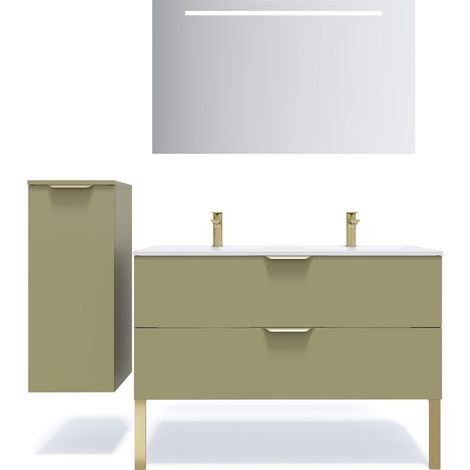 Meuble de salle de bain suspendu double vasque intégrée 120cm 2 tiroirs Vert olive + miroir + colonne ouverture gauche - Venice (1/5)