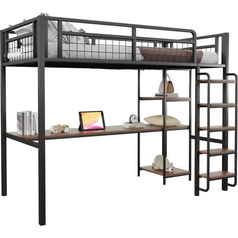Lit mezzanine métal 90x200 avec bureau étagères échelle sécurité noir
