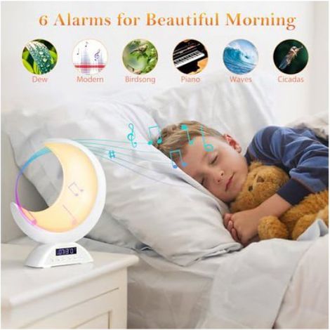 Réveil Lumineux Lune, Lampe de Réveil avec Haut-parleur Bluetooth, Lampe de Chevet Tactile, Veilleuse Enfant (1/5)