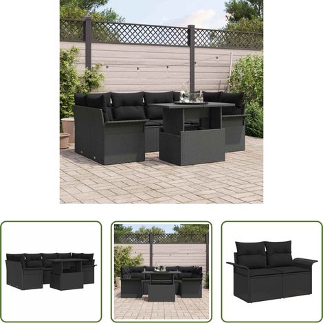 vidaXL Canapé de terrasse - Ensemble de canapé de jardin avec coussin 7 pcs Noir Poly rotin (1/5)
