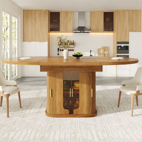 Table à manger extensible ronde en bois effet noyer 118-158 cm, table de cuisine ovale avec rangement intégré, table repas moderne pour 4 à 6 personnes (1/5)