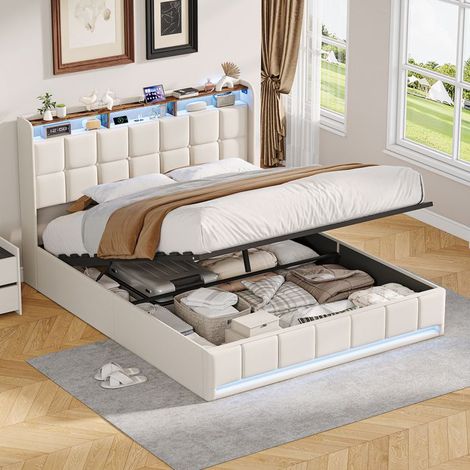 Letto matrimoniale 160x200 - Rivestito in lino beige - Contenitore idraulico - LED RGB integrato - Porte USB/Type-C