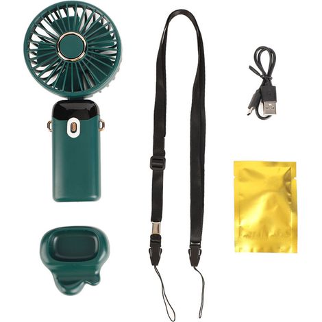 Ventilateur de cou pliable portable avec écran numérique, recharge USB, pour bureau et plein air, couleur verte. (1/5)