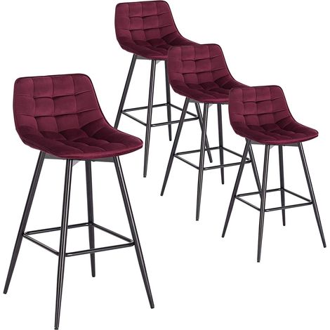 Woltu – Lot de 4 tabourets de bar en velours bordeaux – Hauteur d'assise 64 cm – Cadre en métal robuste – Dossier ergonomique et repose-pieds