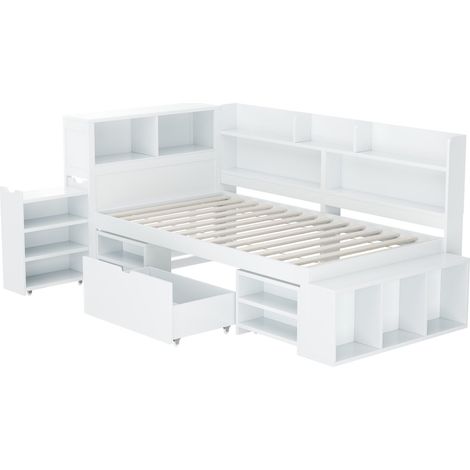 Multifunktions-Kinderbett 90x200 cm weiß aus Sperrholz mit Schubladen und Bücherregal MODENUIT (1/5)