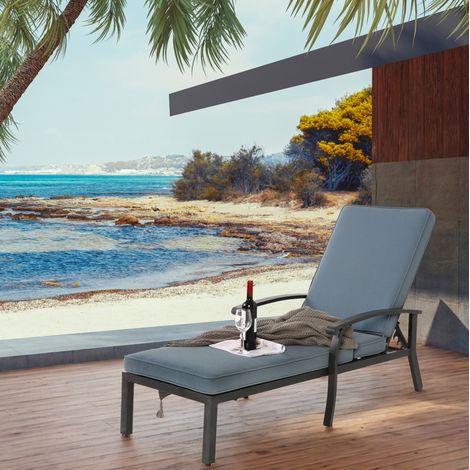Chaise lounge da esterno con schienale regolabile, cuscino in cotone, alluminio blu (1/5)