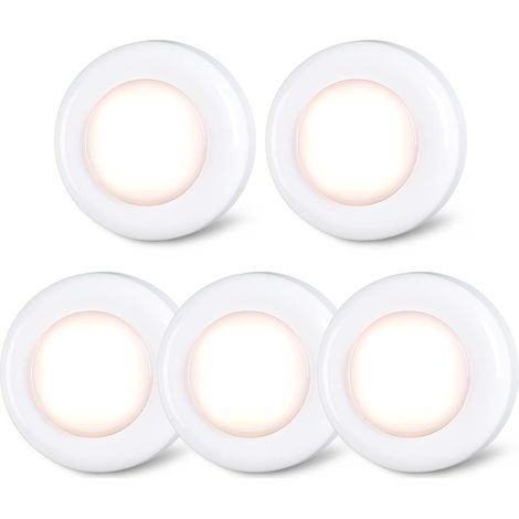LED Lot de 5 petits spots LED tactiles, à coller, fonctionnement à piles, pour intérieur, placard, armoire, meuble de cuisine, blanc chaud (1/5)
