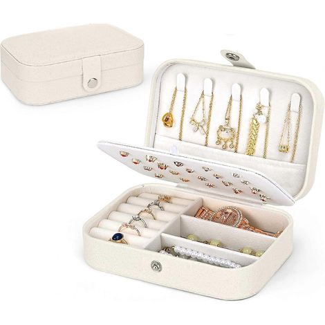 Boîte à bijoux de rangement, boîte à bijoux en cuir, petite et portable, peut contenir colliers, boucles d'oreilles, bagues et bracelets, blanche (AAA) (1/5)