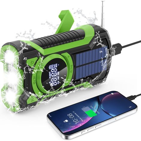 Radio d'urgence 5000 mAh, Radio Solaire Étanche Bluetooth, Power Bank Rechargeable à Manivelle (Récepteur Mondial), Torche, Lampe LED, USB, SOS coupures Courant (1/5)