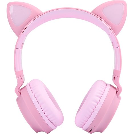 Casque Bluetooth 5.0 oreilles de chat avec LED, réduction de bruit, design mignon pour enfants et adolescents, compatible carte mémoire, rose (1/5)
