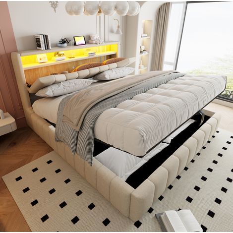 Letto contenitore 180x200 cm con LED, USB e USB-C, testiera con vani, beige DESVIAE (1/5)