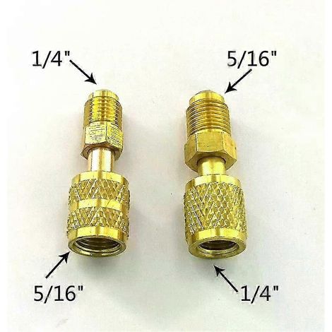 Adaptateur en laiton facile à installer pour R410, R32 et R22. Convertit les raccords rapides 5/16 SAE F en raccords évasés 1/4 SAE M.