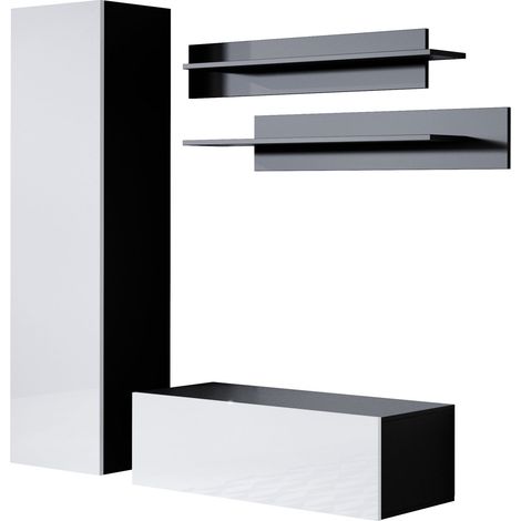 Ensemble de Meubles TV Mur de Rangement Meuble salon Suspendu Modèle Luke 1D Noir et Blanc Finition brillante