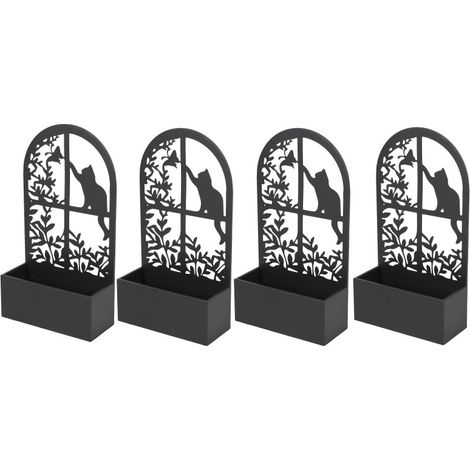 Lot de 4 Cache-Pot Jardinières Murales ou Posées - Métal Noir Motif Chat Fenêtre Décoratif - 35 x 15 x H 65 cm - Livraison gratuite