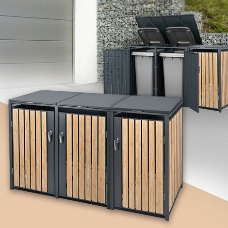 ML-Design Cobertizo Triple Para Ocultar 3 Cubos de Basura 240L Antracita Aspecto Madera Alerce 200 x 80 x 116,3 cm Caseta de Acero Para Jardín Exterior Contenedor Resistente Tapa Abatible y Cerraduras (1/5)