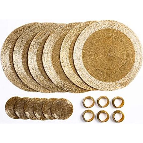 Ensemble de sous-Verres, Ronds de Serviette et Sets Table Ronds Perles Verre 18 Pièces, Or (1/5)