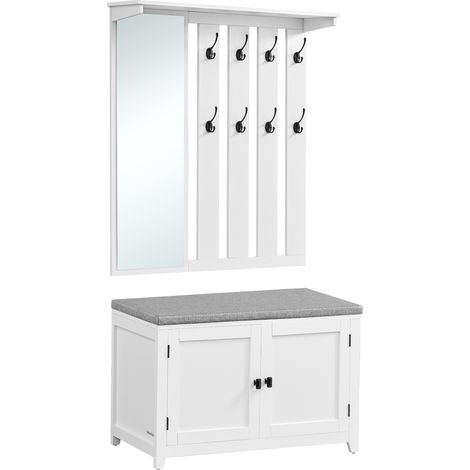 Vasagle – Ensemble de meubles d'entrée avec banc à chaussures – Miroir 84,8 x 26 cm – 8 crochets doubles – Banc avec 2 étagères ajustables – Largeur 82 cm – Blanc nuage
