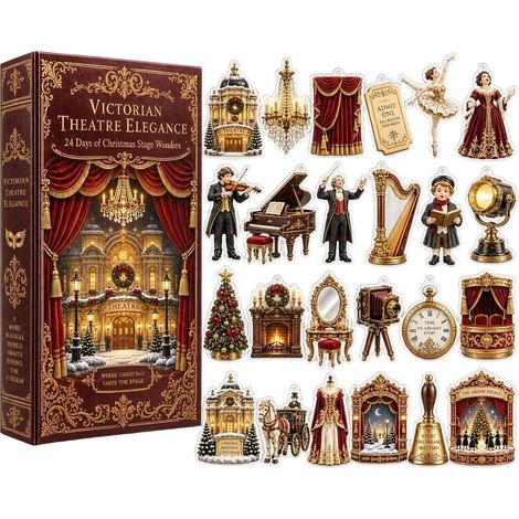 Adventskalender 2026 – 24-teilig – bordeauxrot-gold – Acryl – 24 Tage – Viktorianisches Theater – Weihnachts-Minifiguren – Weihnachtsdekoration – geeignet für Weihnachtsfeiern und als Dekoration für d (1/5)