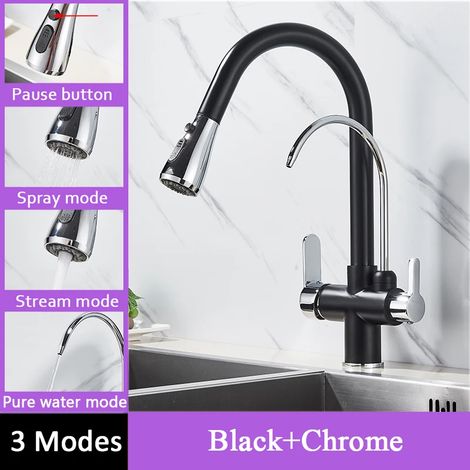 (NoSensor BlackChorme) Robinet de cuisine avec filtre à capteur tactile, douchette extractible, double poignée, mitigeur d'évier noir (1/5)
