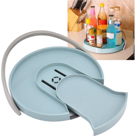 Étagère à canettes rotative à double niveau, étagère de rangement multifonctionnelle pour épices et condiments de cuisine, étagère de rangement coulissante, bleue. (1/5)