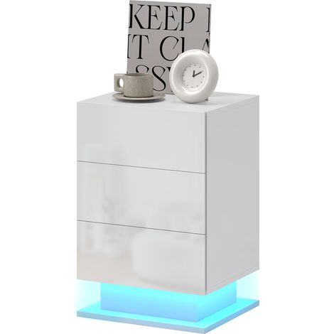 Commode moderne avec lumière LED réglable, télécommande et 3 tiroirs, 40x35x60 cm, Blanc brillant (1/5)