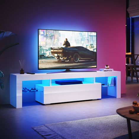 SONNI Modern TV Schrank mit LED-Lichtern, Offenes Glasregal. 1 Klapptür, Geeignet für Wohnzimmer und Schlafzimmer, Weiß, 1800 x 350 x 450 mm (1/5)