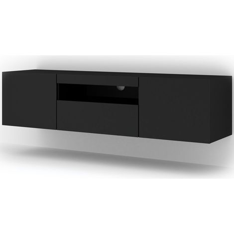 Bim Furniture – Meuble TV suspendu noir mat 150x37x42cm – Panneaux stratifiés 16mm – Installation murale ou sur socle – Gestion discrète des câbles
