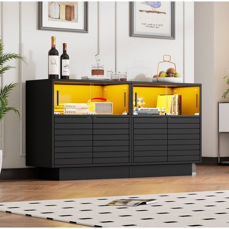 MODFU – Aparador 130x35x68 cm con puertas de vidrio correderas y LED USB – Negro (1/5)