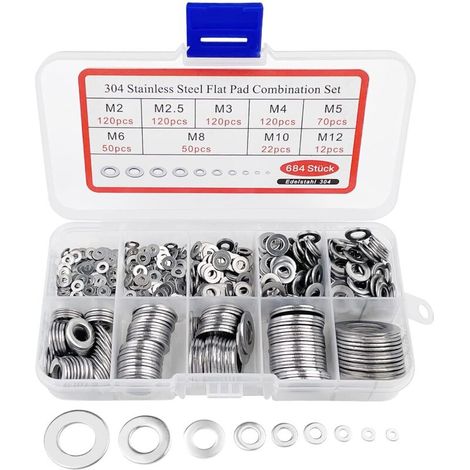 Ecleanfy - Lot de 684 rondelles en acier inoxydable 304 – 9 tailles M2 à M12 – Résistance à la corrosion – Pour gonds de porte et joints plats