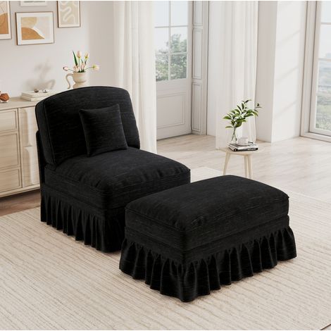 Divano cloud con pouf, due design con gonna rimovibile, cuscino mobile, gambe a fuso, chenille nera (1/5)