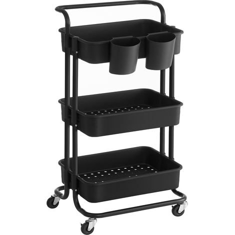 Chariot Mobile à 3 Niveaux, Desserte sur roulettes, Étagère de Rangement, avec poignée, 2 Pots, 2 Freins, paniers en Plastique, Montage Facile, pour Chambre, Cuisine, Noir (1/5)
