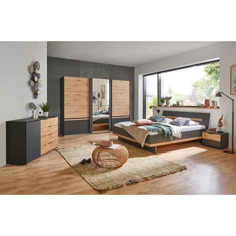 Schlafzimmer Komplett Set GRANADA-43 mit Bett 180x200cm und Schwebetürenschrank in graphit mit Artisan Eiche Nb. (1/5)