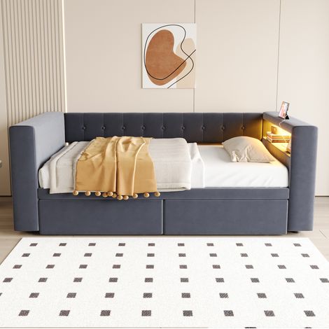 lit adulte rangement 90x190 LED prise tiroirs flanelle OKMYHOME (1/5)