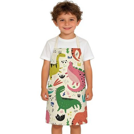 Grembiule per bambini con motivo di dinosauri in stile cartone animato, ideale per dipingere e cucinare in cucina. Consigliato per bambini e bambine. (1/5)