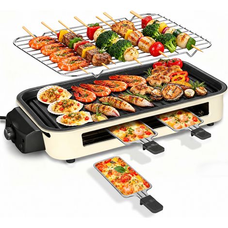 Zosudull - Appareil à raclette - Grill intérieur sans fumée 2 en 1 1500 W - Avec grille et plaque amovible antiadhésives - Contrôle de la température - Grill coréen portable - Livré avec 3 poêles à fr