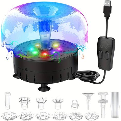 Pompe à fontaine avec lumières LED et buses, kit de pompe à fontaine à monter soi-même avec câble d'alimentation USB et adaptateur secteur, pompe à eau