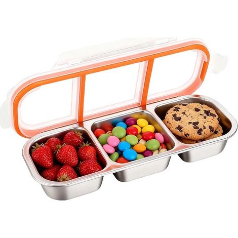 Scatola per snack con 3 scomparti, vassoio per snack con coperchio, vassoio in acciaio inox per dolci, frutta secca e verdura (1/5)