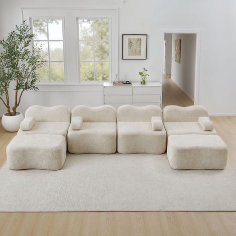 Canapé modulaire U 4 places beige forme de vague avec 2 ottomans. Mousse 32D,coussins mobiles et tissu doux adapté au salon.