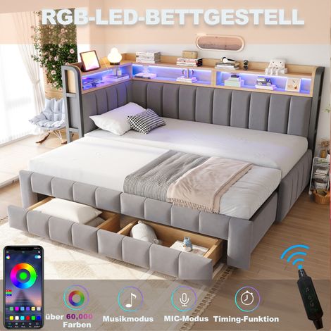 Lit coffre convertible 90x200 cm en velours gris clair, canapé-lit avec tiroirs de rangement, étagères latérales, éclairage LED, ports USB et Type-C, matelas 90/180 cm (1/5)
