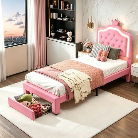 Lit enfant 90 x 200 avec sommier à lattes - PU - Rose - Lit simple avec 1 tiroir - Lit princesse couronne avec éclairage LED - Tête de lit réglable en hauteur