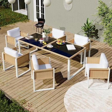 Ensemble jardin 6 personnes - KOMHTOM - 1 table + 6 chaises - Corde tressée - Table verre trempé - Coussins 8,5 cm (1/5)