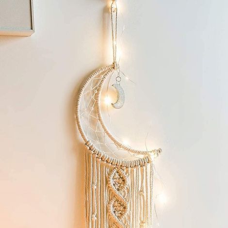 Attrape-Reves Mur - Cercle Lune en Semi-Metal - Dentelle Coton Faite Main - LED 3 M - 20 cm de Diametre - 1 Piece (1/5)