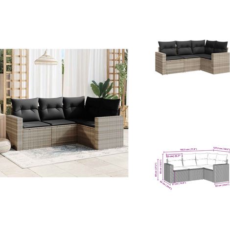 4-tlg. Garten-Sofagarnitur mit Kissen Hellgrau Poly Rattan - Gartensortiment - Outdoor Möbel - Gartenlounge - Lounge Set - Rattan Sofa (1/3)